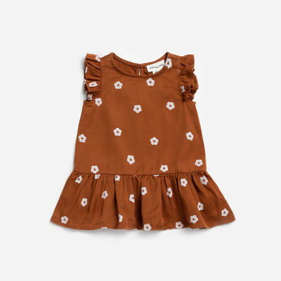 Retro Bloom Print on Sandstone Woven Lyocell Baby Dress - Pitter Patter Boutique
