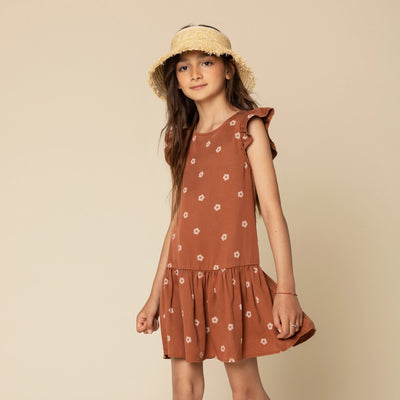 Retro Bloom Print on Sandstone Woven Lyocell Dress - Pitter Patter Boutique