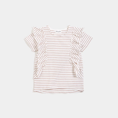 Sandstone Dobby Striped Girl's Top with Frills - Pitter Patter Boutique