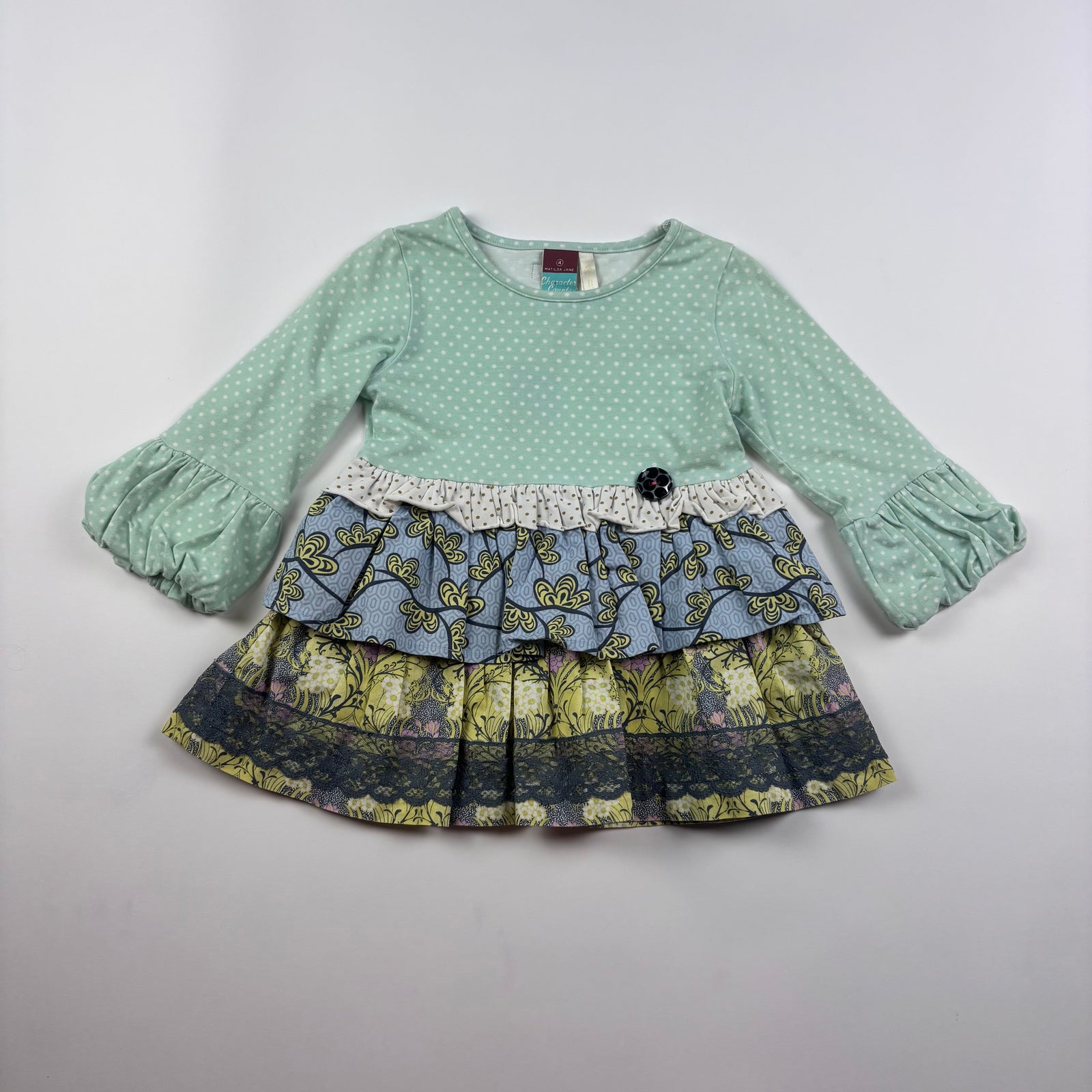 Matilda Jane Kids Used Green polka dot top and floral skirt on a light gray background