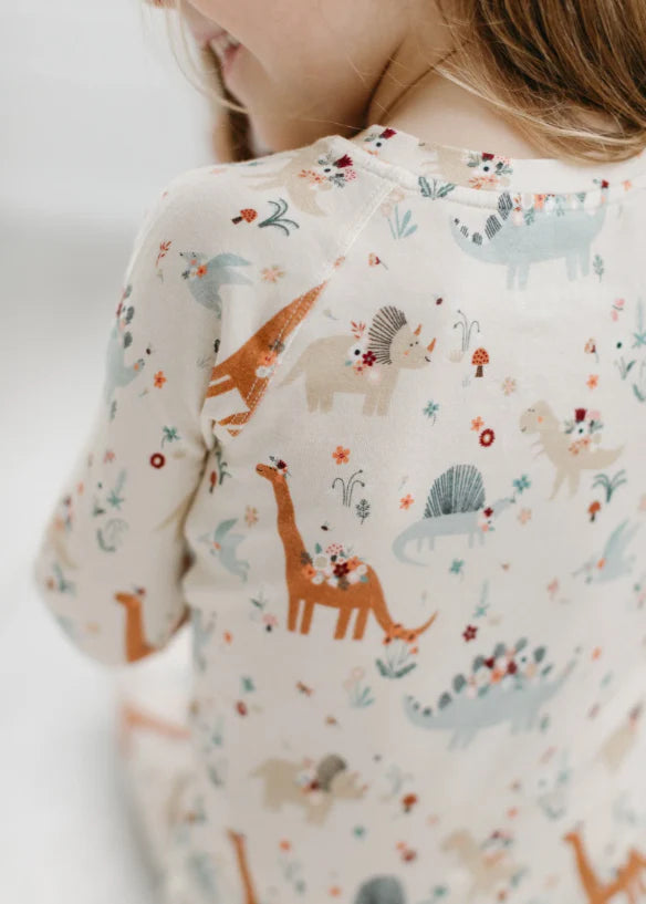 Loulou Lollipop 2-piece pajama set in Cream "Baby Dinomite" print