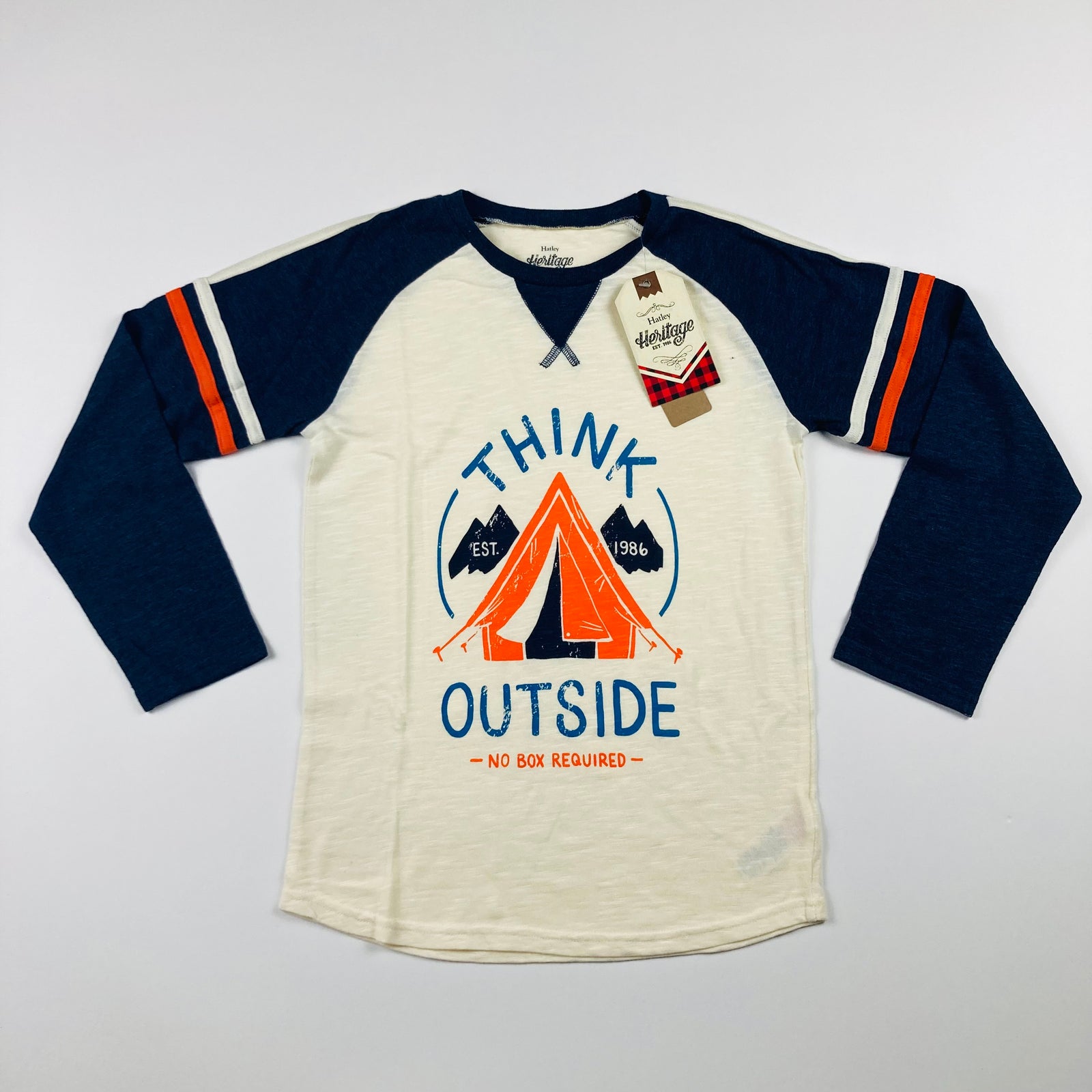 Hatley Kids New Raglan "Think Outside" Long Sleeve Navy and Cream Long Sleeve T-Shirt