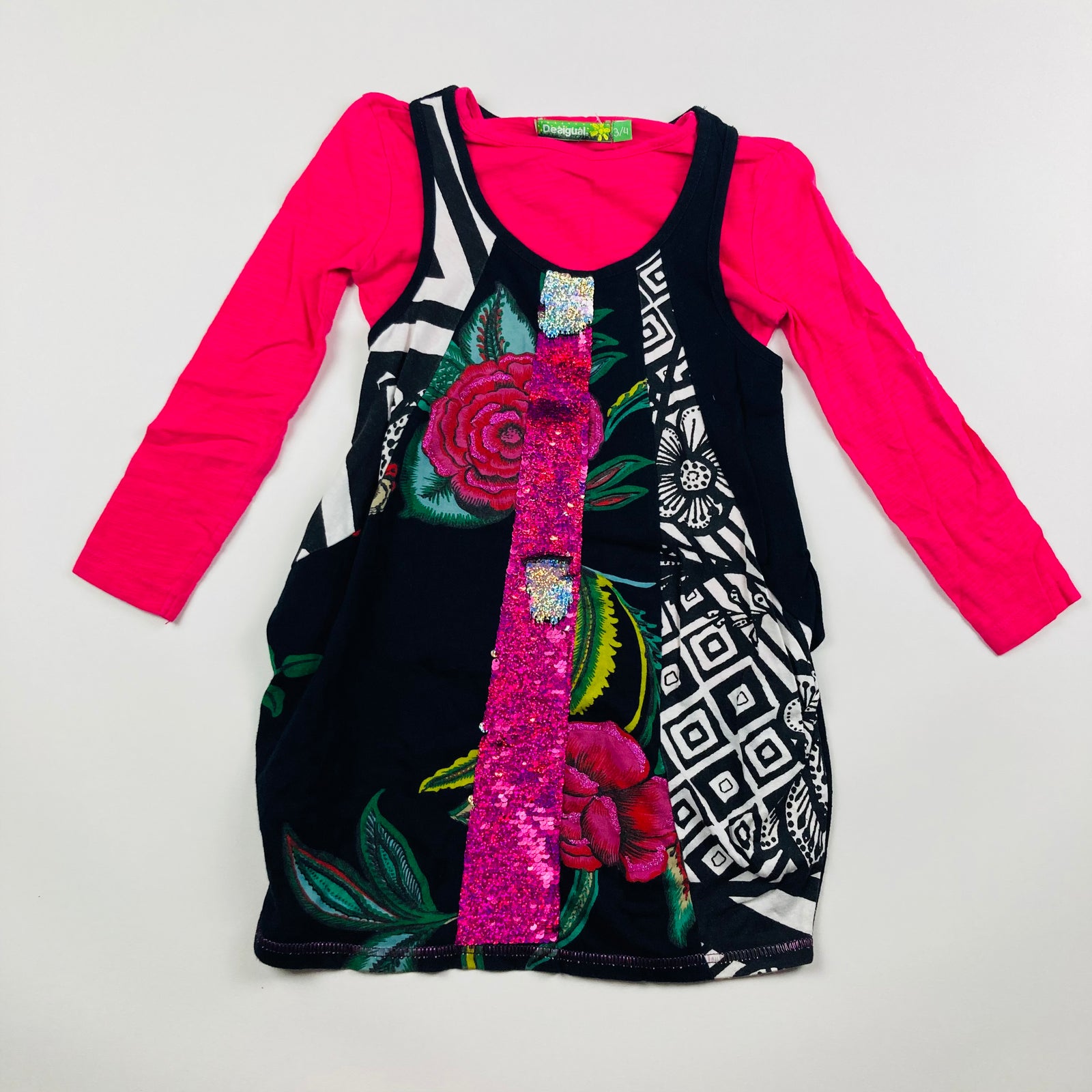 Desigual Kids Girls Used Pink and Black Dress