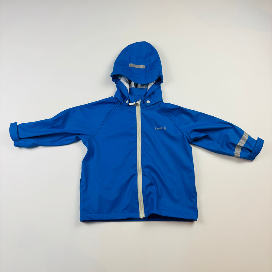 Blue raincoat with a brand logo on a light gray background