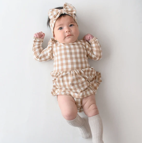 Kyte Baby - Baby LS Twirl Bodysuit Dress (Bisque Gingham)