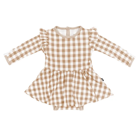 Kyte Baby - Baby LS Twirl Bodysuit Dress (Bisque Gingham)