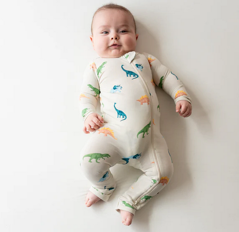 Kyte Baby Ecru Roar Zippered Long Sleeve Romper