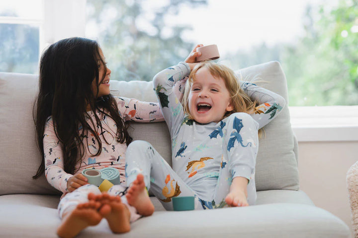 Loulou Lollipop 2-piece pajama sets in Blue "Magical Dragons" and pink "Unicorn Ballet" print