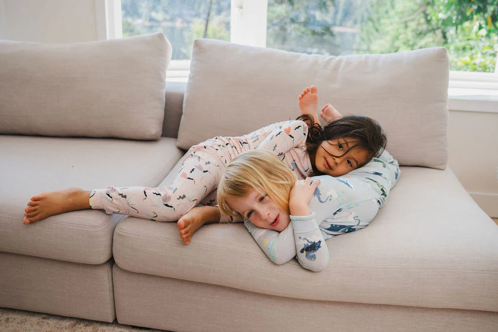 Loulou Lollipop 2-piece pajama sets in Blue "Magical Dragons" and pink "Unicorn Ballet" print