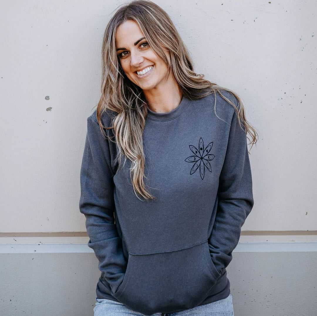 West Coast Karma - Moon Phase Flower & Fern Pocket Crew in Charcoal