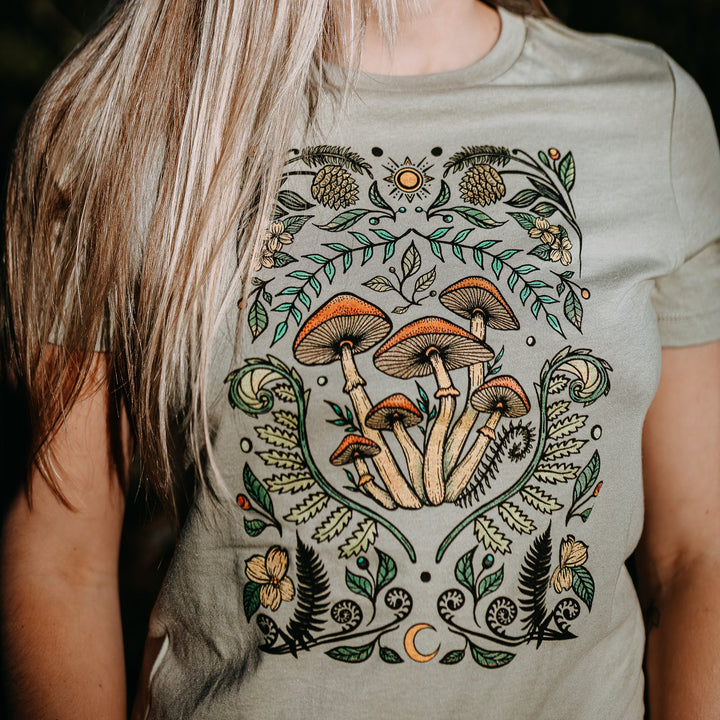 West Coast Karma - Colourful Cottage Mushroom Relaxed Fit Tee in Thyme