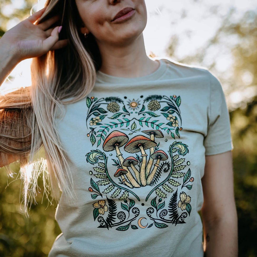 West Coast Karma - Colourful Cottage Mushroom Relaxed Fit Tee in Thyme