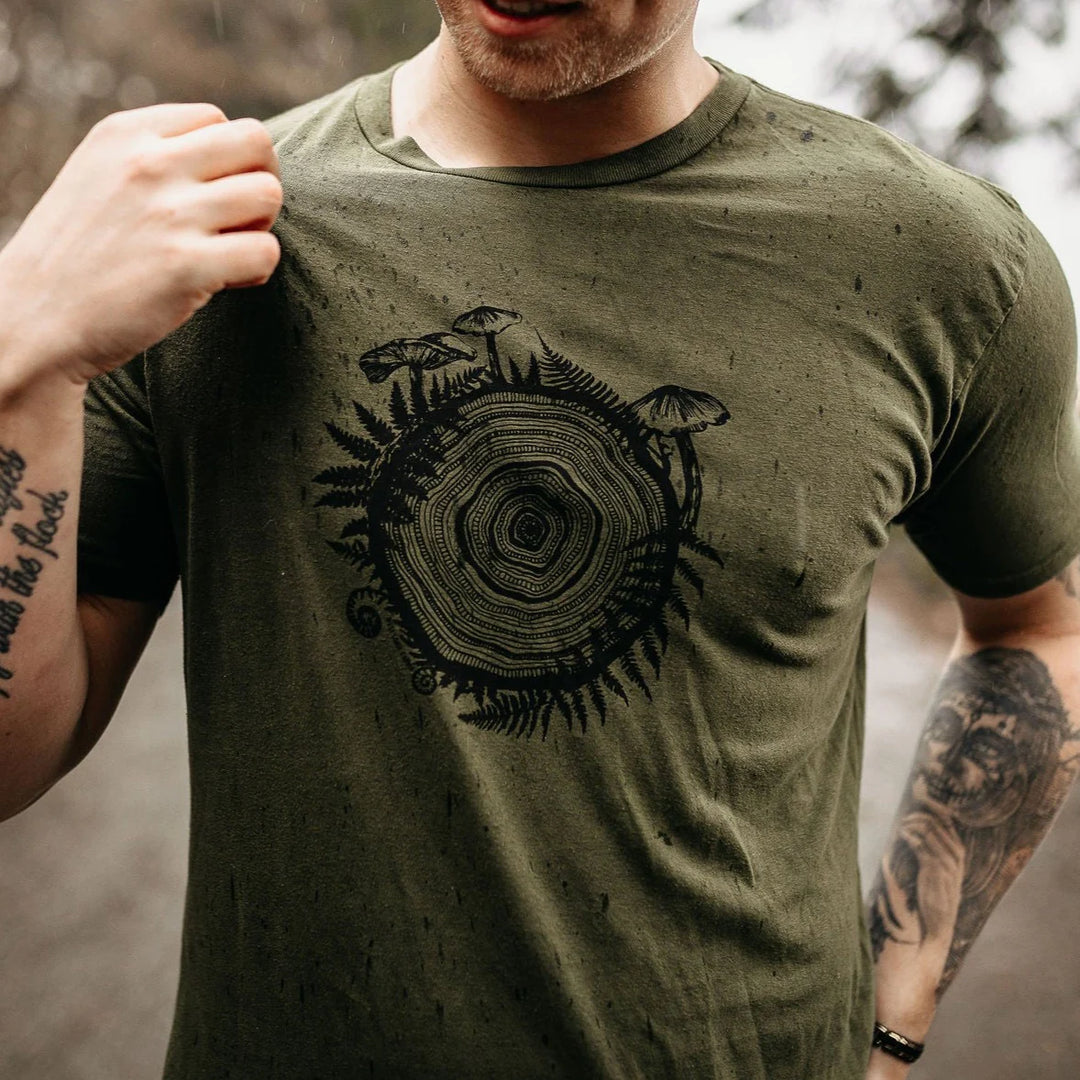 West Coast Karma - Mushroom Tree Ring Vintage Style Mens Tee in Olive - Pitter Patter Boutique