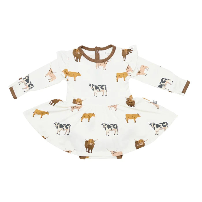 Kyte Baby Moo Cows Long Sleeve Twirl Bodysuit Dress