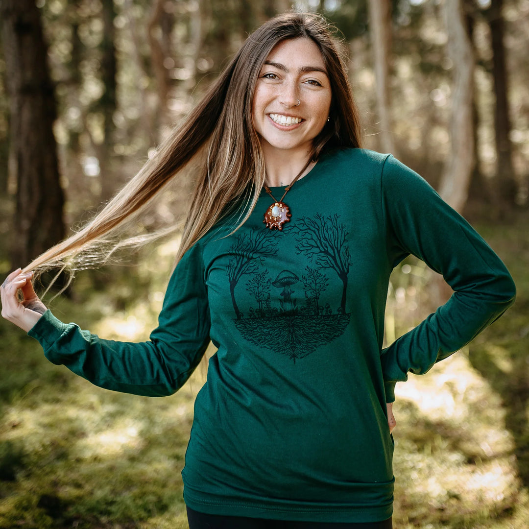 West Coast Karma - Mycelium Long Sleeve Unisex Tee in Forest Green