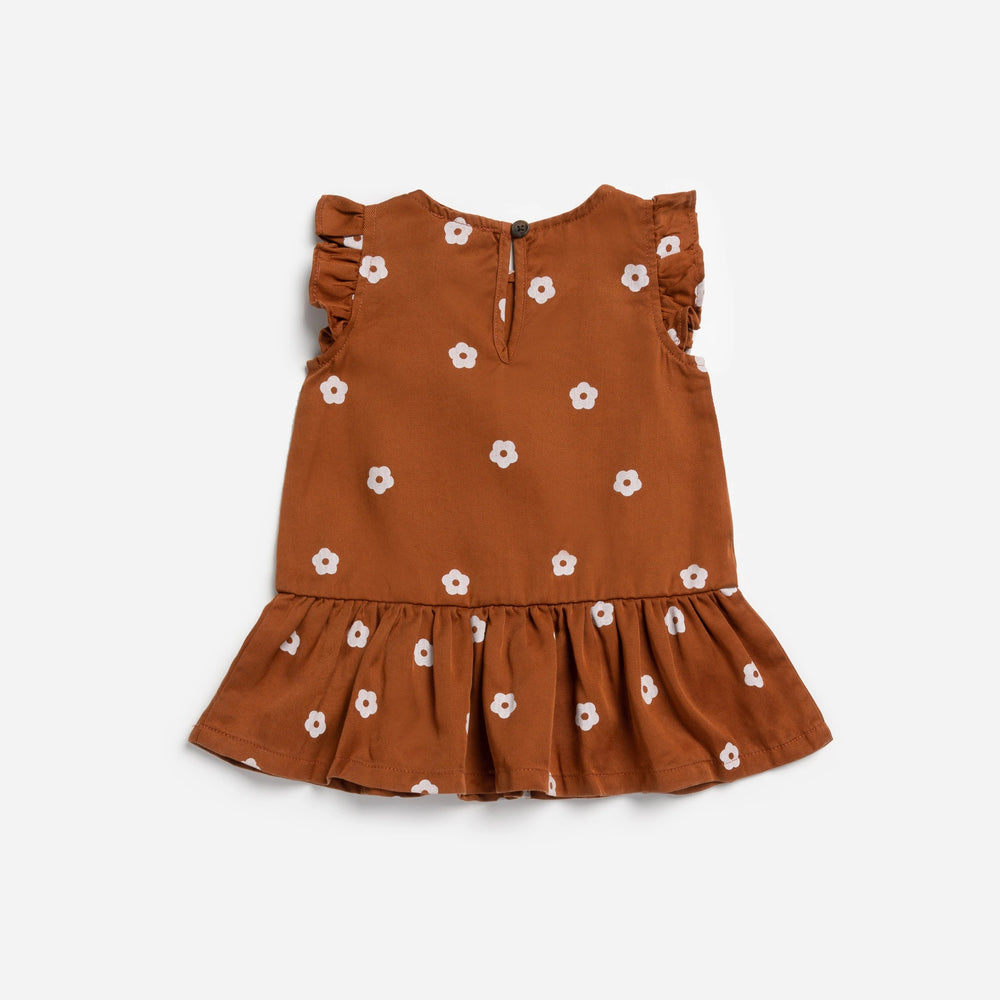 Retro Bloom Print on Sandstone Woven Lyocell Baby Dress - Pitter Patter Boutique