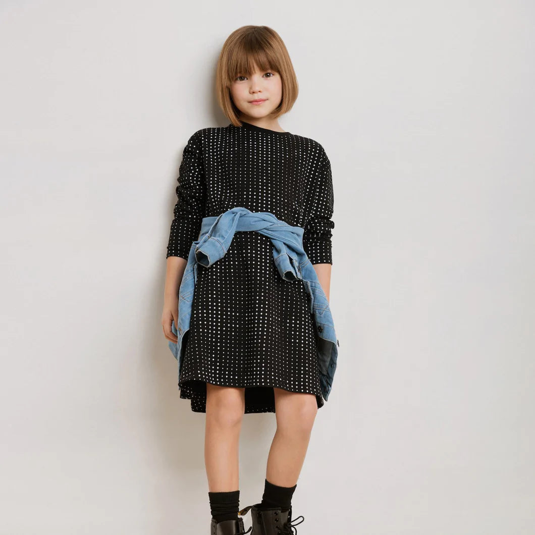 Miles the Label - MIDI Dots Printed on Black Sweatshirt Dress - Pitter Patter Boutique