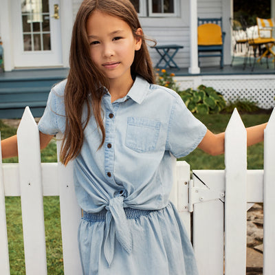 Chambray Girl's Front-Knot Shirt - Pitter Patter Boutique