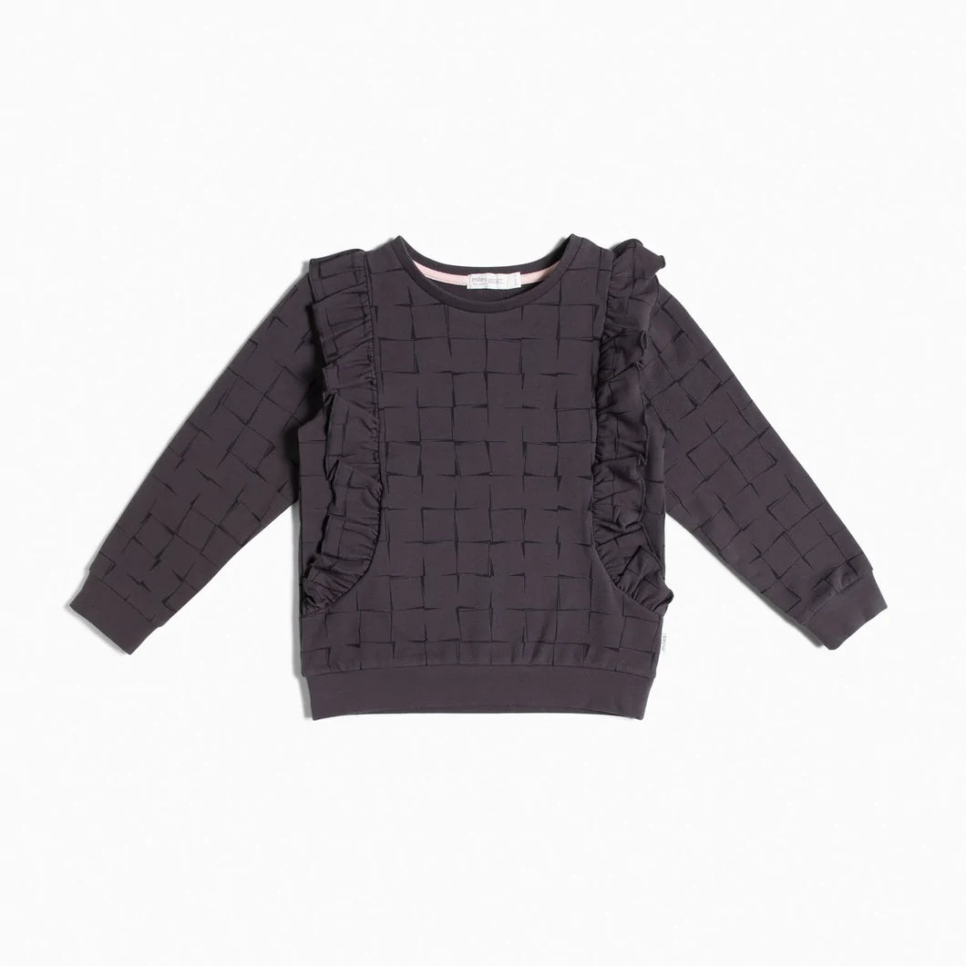 Grid Print on Charcoal Ruffle Top - Pitter Patter Boutique