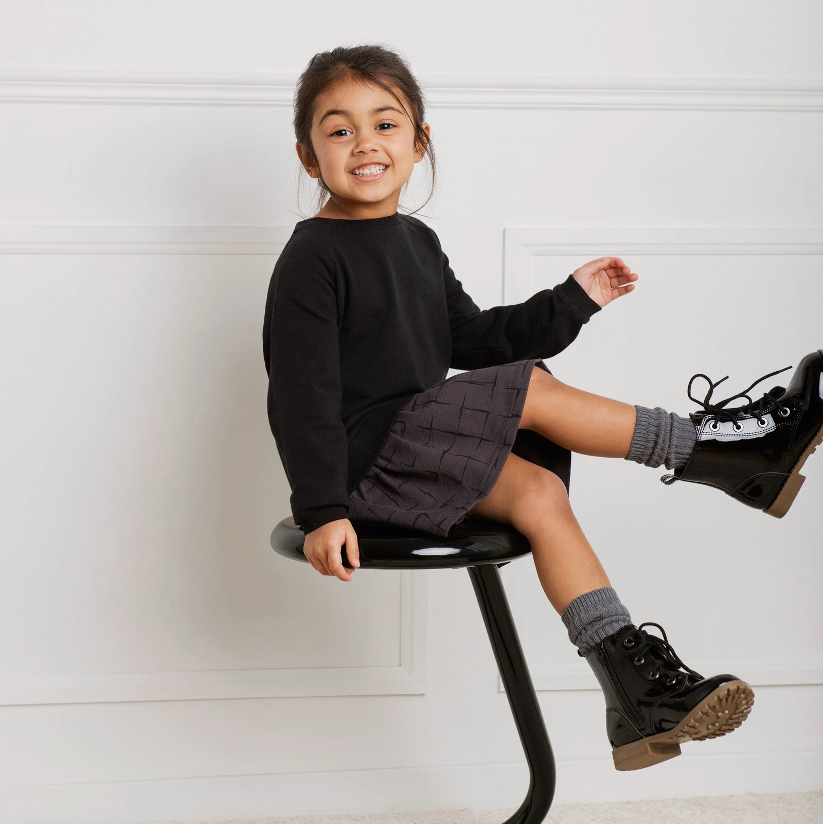 Miles the Label Black Sweatshirt Dress with Grid Print Skirt - Pitter Patter Boutique