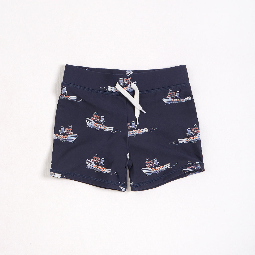 Petit Lem - Tugboats Print on Navy Swim Short - Pitter Patter Boutique