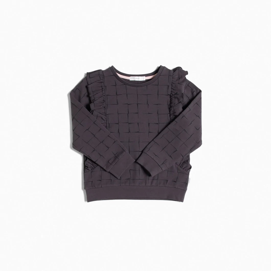 Grid Print on Charcoal Ruffle Top - Pitter Patter Boutique
