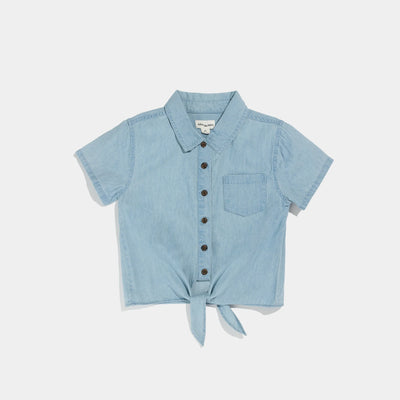 Chambray Girl's Front-Knot Shirt - Pitter Patter Boutique